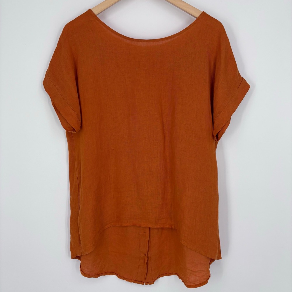 Terzo Millennio Italy ART 100% Linen Short Sleeve Button Back Top Women M